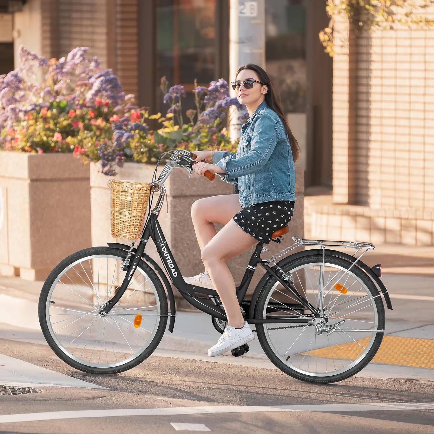 Outroad Beach Cruiser Bike, 24/26 inch Commuter Bicycle for Adult and Women,High-Carbon Steel Comfortable City Bikes with Rear Rack and Basket, (Black/Pink/White/Green/Purple)