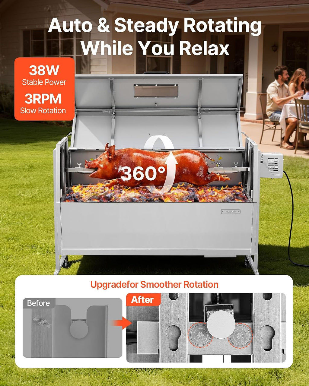 VEVOR Rotisserie Grill, 46in BBQ Outdoor Pig & Lamb Spit Roaster, Charcoal Spit Roaster with 132 LBS Capacity, Wheels & 4-Level Height, Stainless Steel Rotisserie Grill Kit for Camping Outdoor Parties