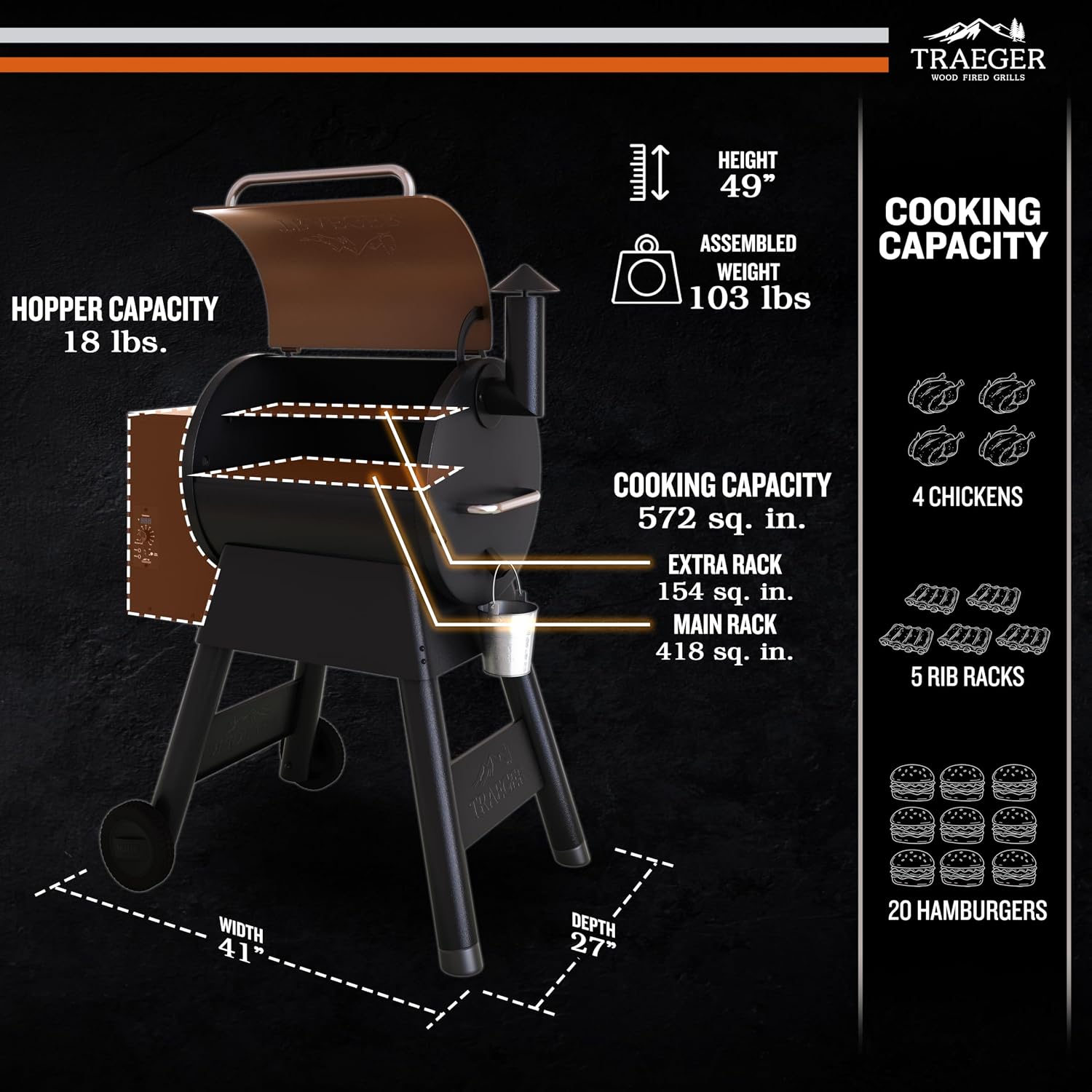 Traeger Grills Pro 22 Wood Pellet Grill & Smoker, Electric Pellet Smoker Grill Combo, 6-in-1 BBQ Versatility, 572 sq. in. Grilling Capacity, Meat Probe, 450 Degree Max Temperature, 18LB Hopper, Bronze