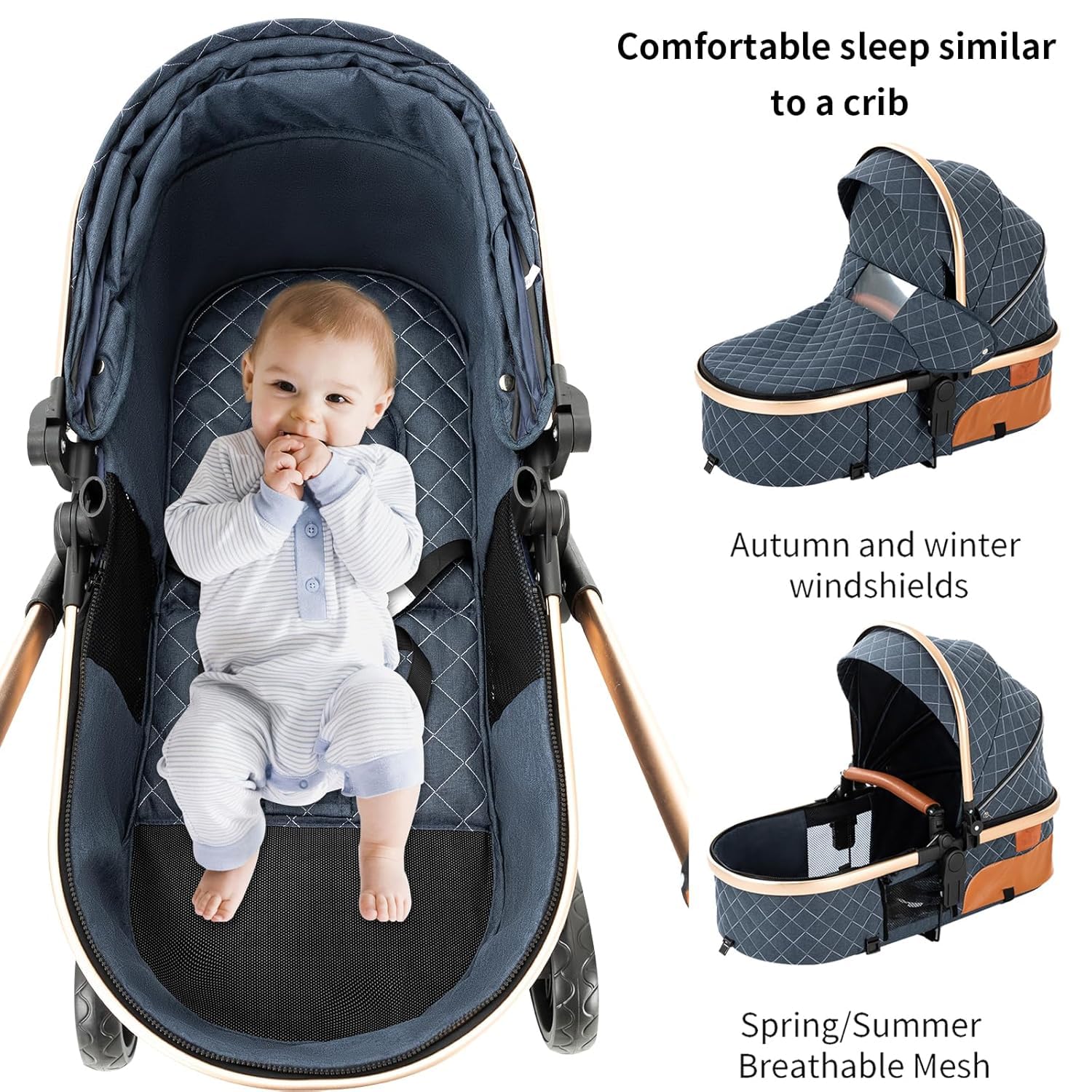 Convertible Baby Stroller:Full-Size Reversible Bassinet & Toddler Seat,Foldable Design with UPF 50+ Canopy,Bug Shield,Rain Shield,All-Weather Storage – Newborn to 36 Months(Black&Gold)