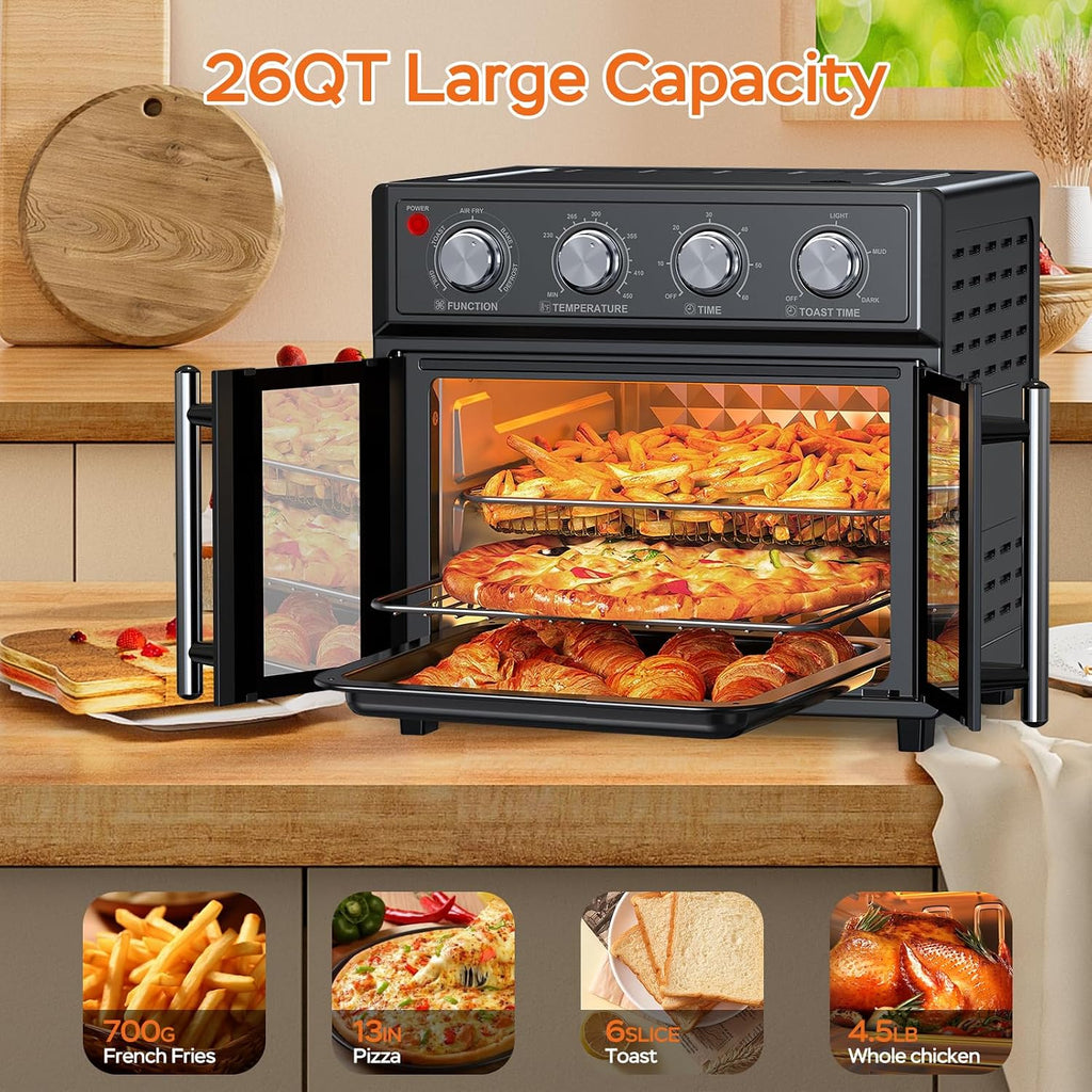 26QT Air Fryer Toaster Oven Combo - French Doors & 7 Preset Menus, 1700W Stainless Steel Convection Countertop Oven for Bake, Roast, Grill, Toast, Dehydrate, Defrost, Easy to Clean (Black)