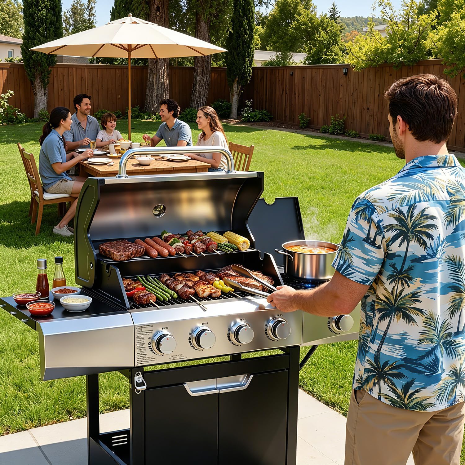 EUHOME 51,000 BTU 4-Burner Propane Gas Grill with Side Burner – Large 452 sq.in Stainless Steel BBQ Grill, Enameled Cast Iron Grates, 4 Swivel Casters & Protective Cover for Backyard Patio Family