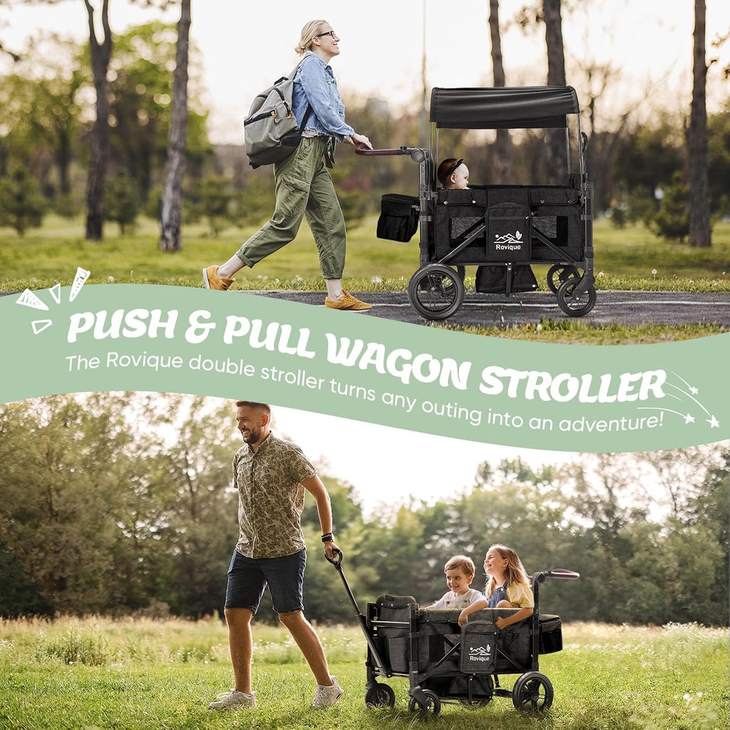 Rovique Stroller Wagon for 2 Kids,Premium Wagon for Kids with Removable Canopy,Snack Tray,All-Terrain PU Wheels & Adjustable Push/Pull Handle (Black)