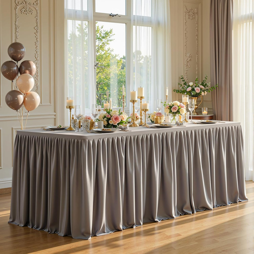 6 Pack Natural Tablecloths for Rectangle Tables 6ft, Wrinkle Resistant Spandex Table Cover Fitted Stretch Table Cloth with Pleated Ruffle Skirts for Party Banquet Dining Birthday Wedding