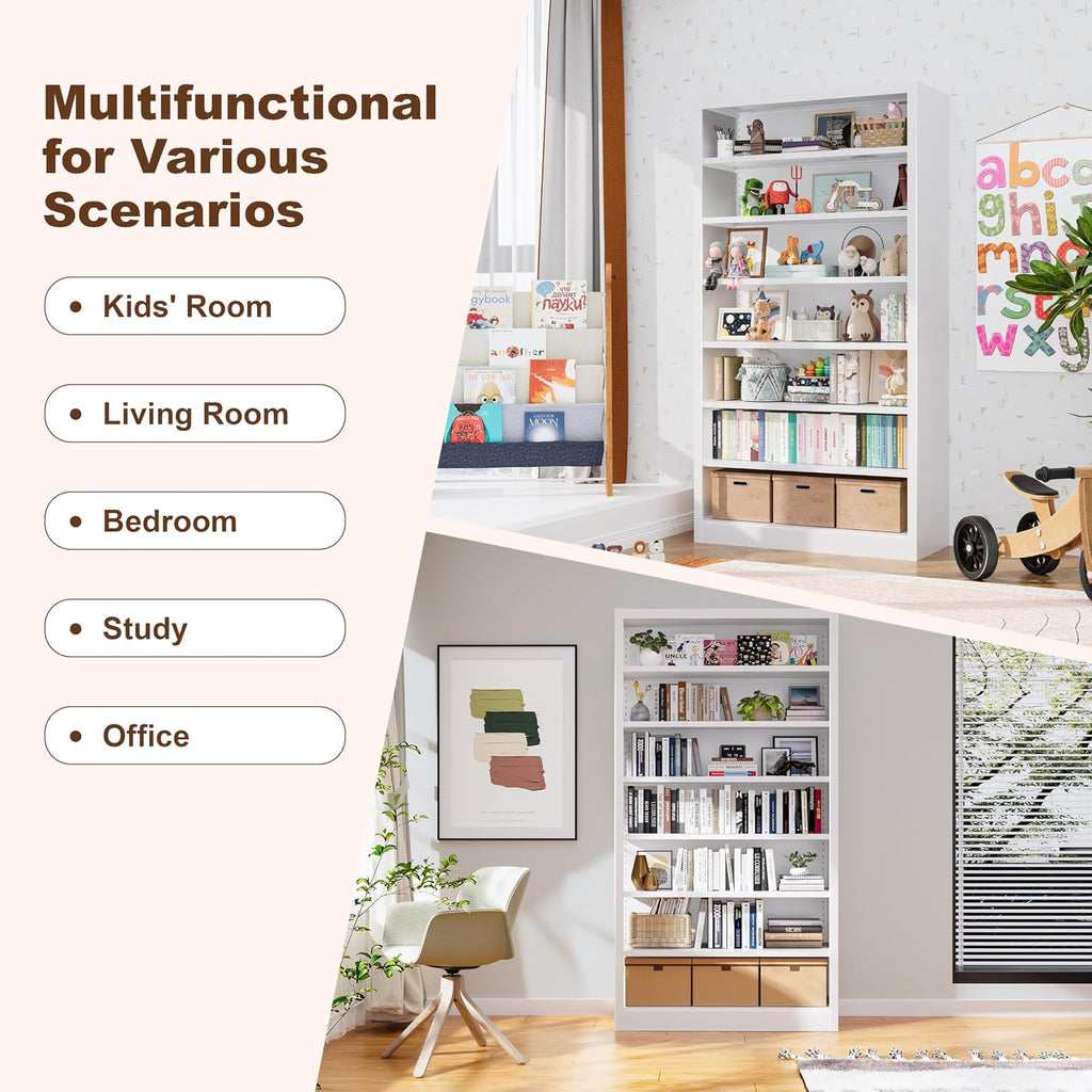 Metal DVD Storage Cabinet, 7 Tier Tall Media Storage Shelf with Adjustable Shelves, Freestanding CD & DVD Rack Tower Bookshelf for Living Room, Home Entertainment,White