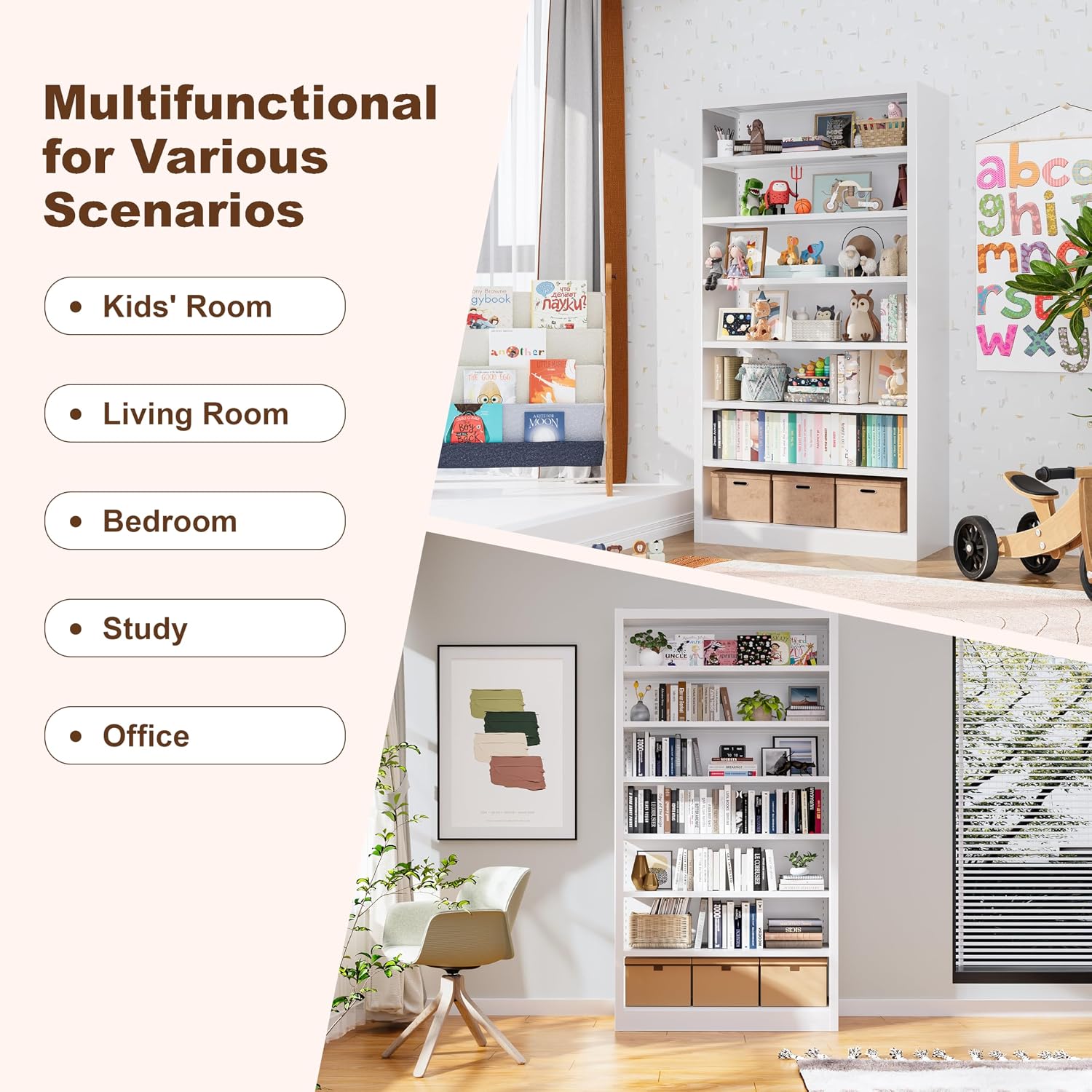 Metal DVD Storage Cabinet, 7 Tier Tall Media Storage Shelf with Adjustable Shelves, Freestanding CD & DVD Rack Tower Bookshelf for Living Room, Home Entertainment,White