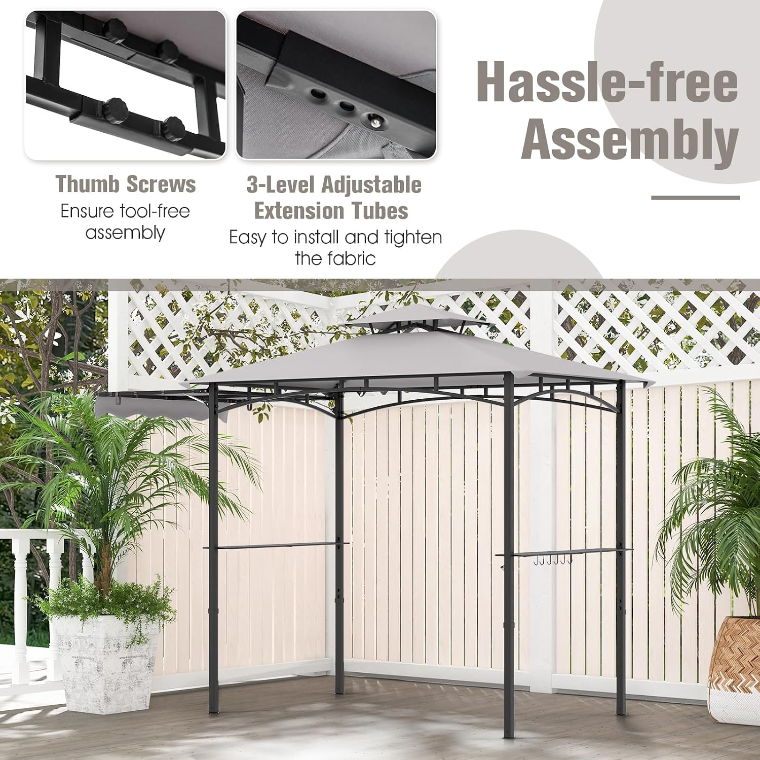 Tangkula 11x5 FT Grill Gazebo with Side Awning, 2-Tier Barbecue Gazebo with 2 Shelves, 12 Hanging Hooks, Bottle Opener, Outdoor Grill Canopy for Backyard Garden Poolside (Grey)