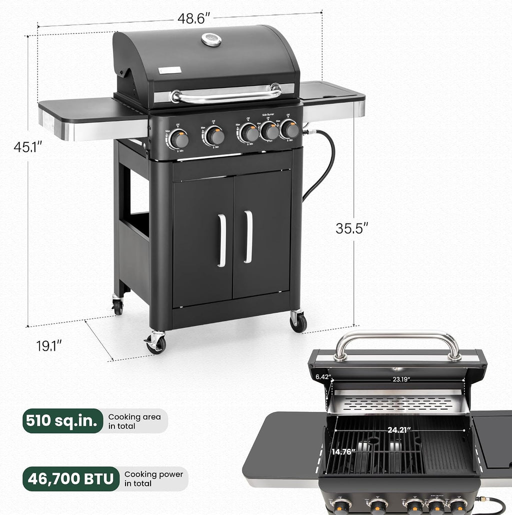 2 in 1 Propane Gas BBQ Grill with Side Burner & Porcelain-Enameled Cast Iron Grate, 4-Burner Flat Top Grill, 46,700 BTU Outdoor Barbecue Propane Griddle Grill Combo for Camping, Patio, Backyard