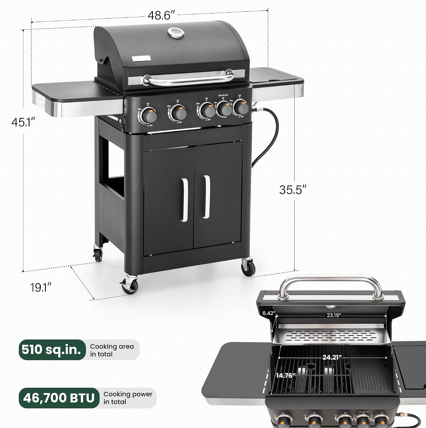 2 in 1 Propane Gas BBQ Grill with Side Burner & Porcelain-Enameled Cast Iron Grate, 4-Burner Flat Top Grill, 46,700 BTU Outdoor Barbecue Propane Griddle Grill Combo for Camping, Patio, Backyard