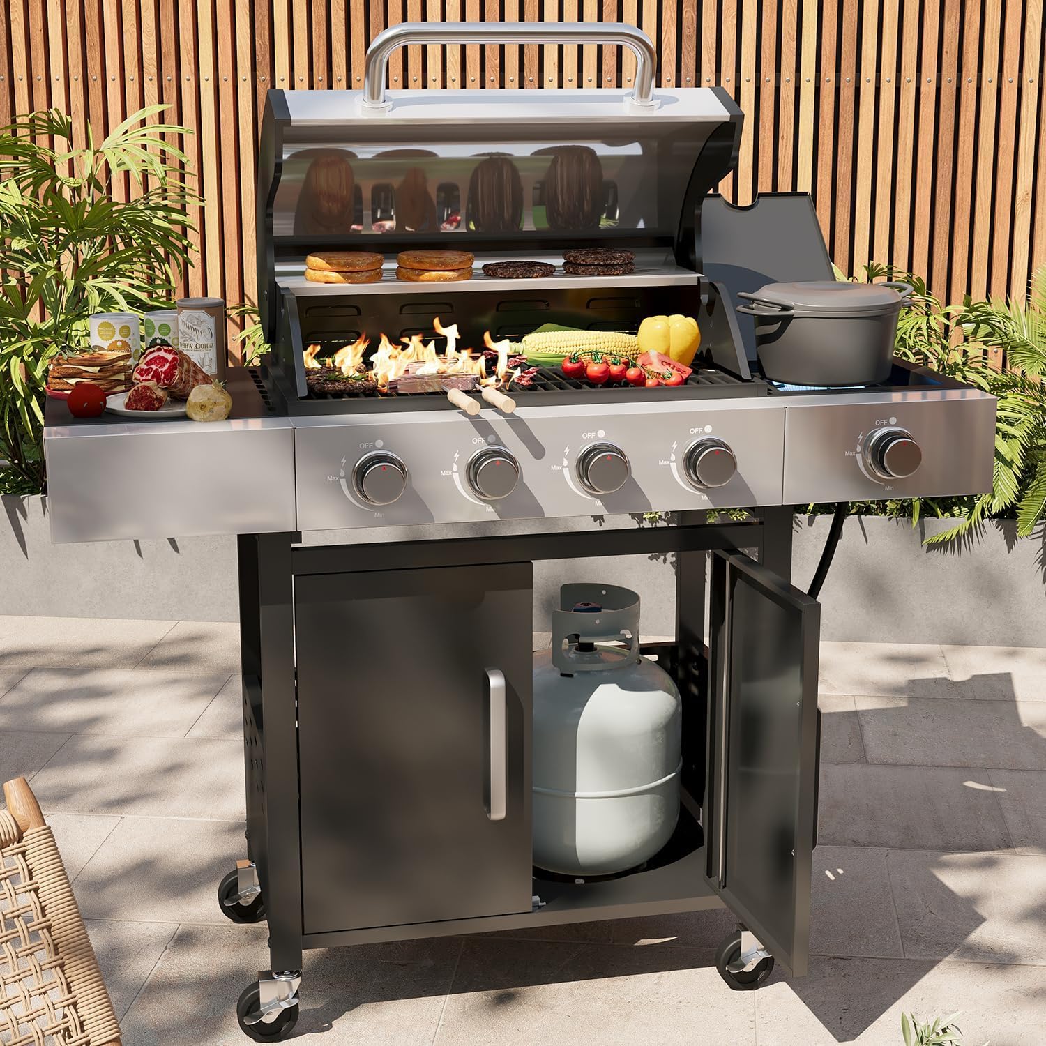 Aoxun 4-Burner Propane Grill with Side Burner, 49000 BTU Gas Grill, Stainless Steel Outdoor Grill with Cast Iron Grates & Side Tables for Backyard, Patio, Camping，Black
