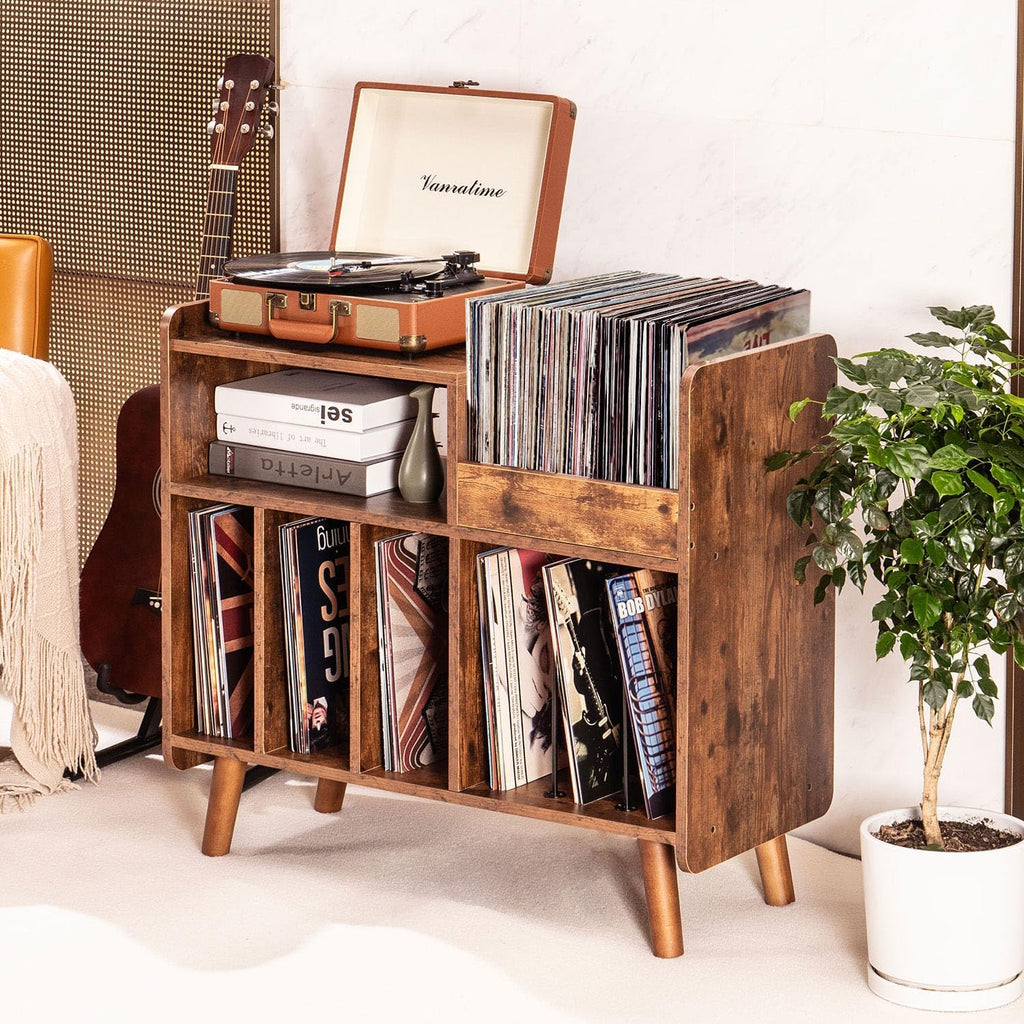 Record Player Stand, Large Record Player Table Cabinet with Open Vinyl Storage and Display Shelf Holds up to 250 Albums, Mid Century Wood Turntable for Living Room, Bedroom (Brown)