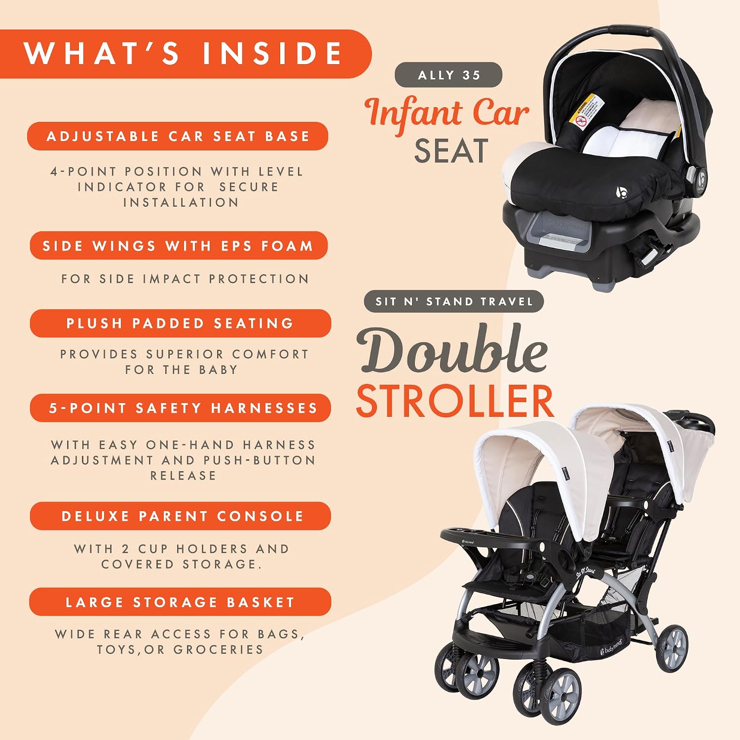 Baby Trend Infant and Toddler Double Stroller & 2 Car Seat Combo, 3 Pc Set, Khaki - Portable and Lightweight Stroller Duo and Car Seat Travel System Tandem