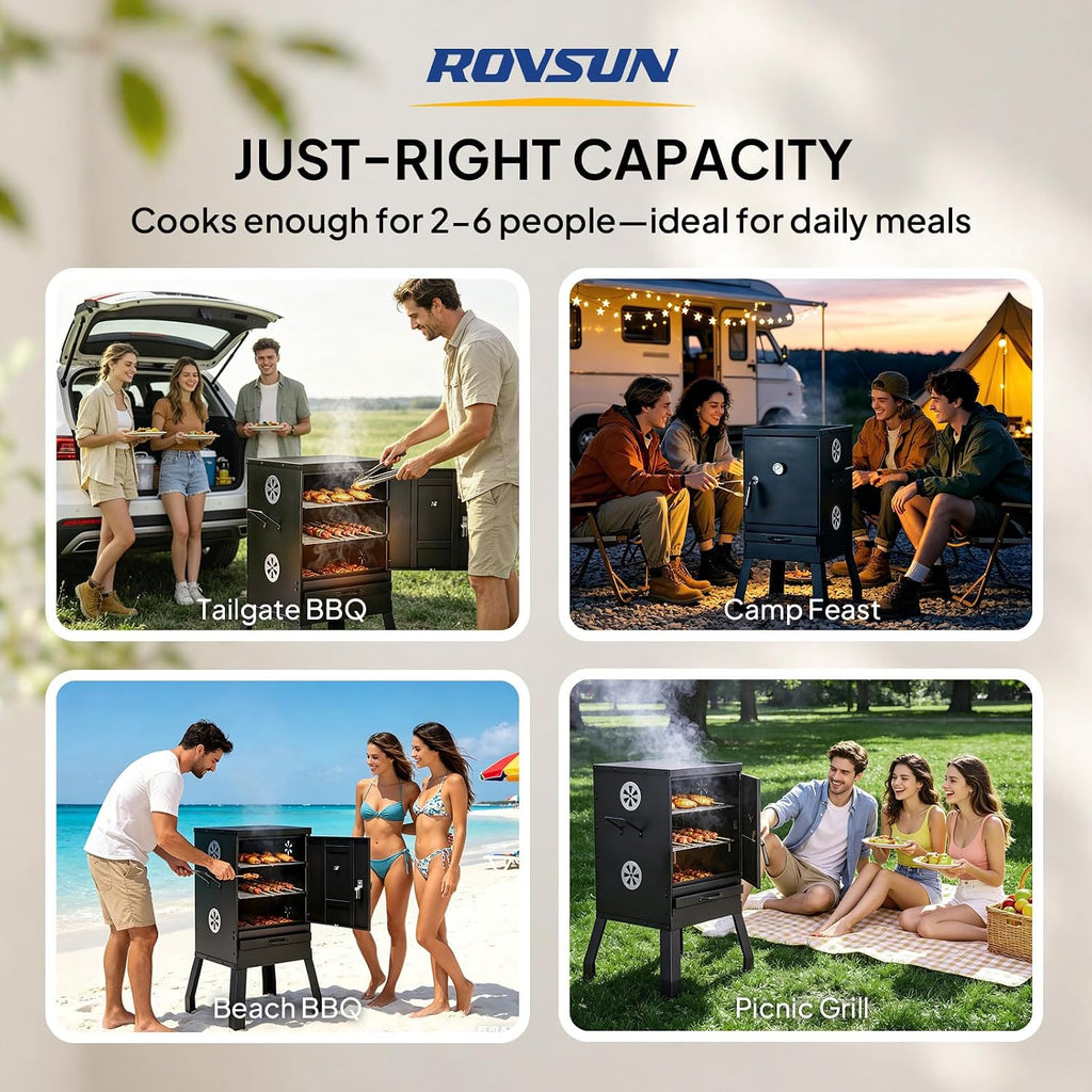 ROVSUN 2-in-1 Outdoor Smoker with Door, Vertical Portable Charcoal Grill with Two Detachable Grill Smoking Racks and Charcoal Pan, Perfect for Camping Barbecue, Small Families, Black
