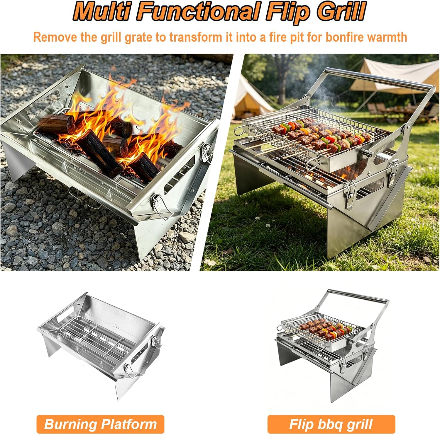 Portable 360°Rotating Charcoal Grill with Flipping Basket - 304 Stainless Steel Barbecue Grill for Camping, Tailgating, and Outdoor Adventures, Easy to Disassemble, Includes BBQ Bag New Upgrade