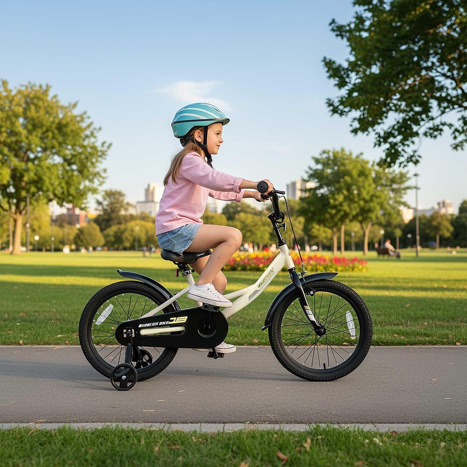 COSTWAY Kids Bike, 18 Inch Toddler Bicycle with Removable Training Wheels, Dual Brakes, Adjustable Seat & Handlebar Height, Girls & Boys Bikes for 3-8 Years Old (Beige,18 Inch with Kickstand)