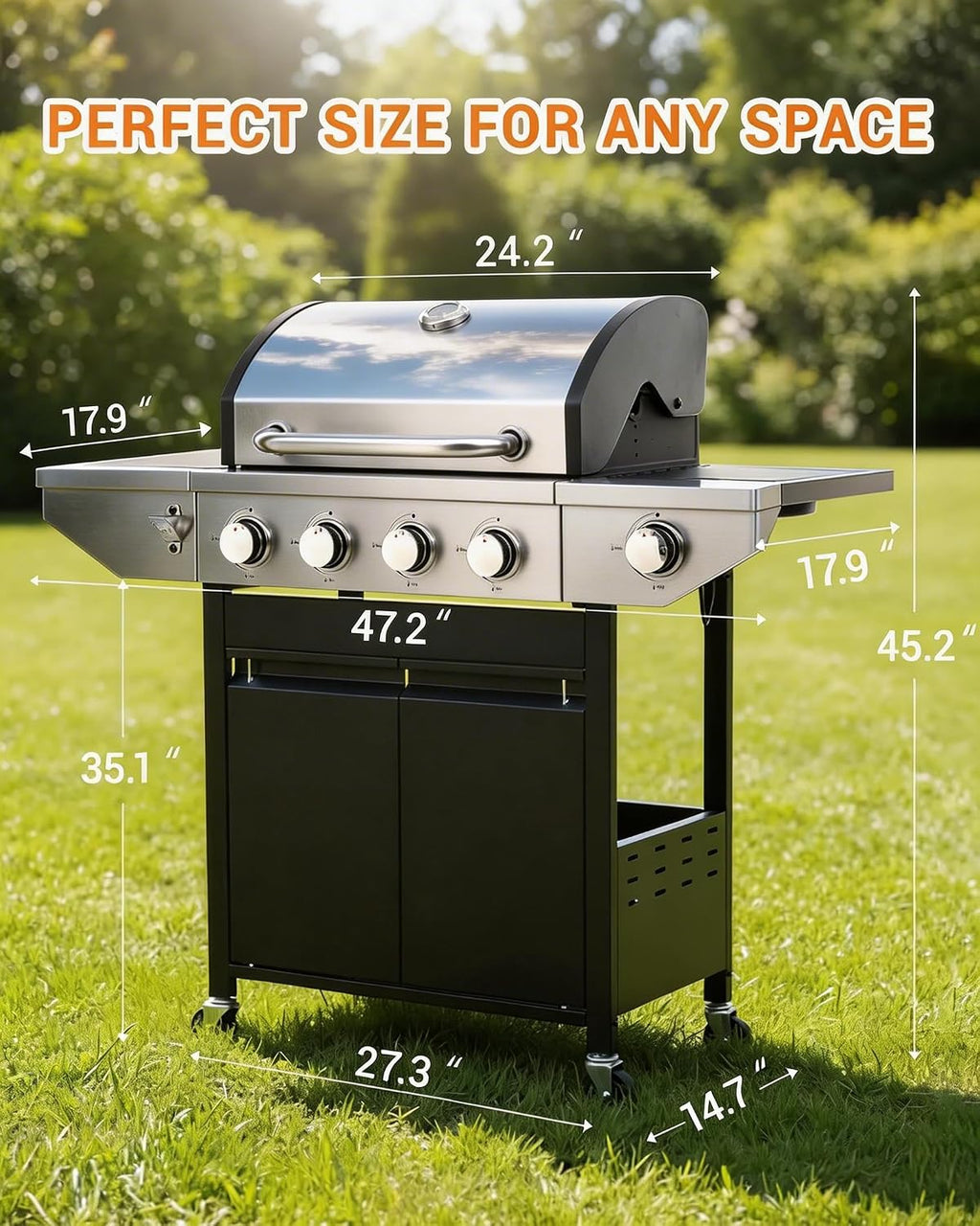 EUHOME 46,500 BTU 4-Burner Propane Gas Grill with Side Burner – Stainless Steel Outdoor BBQ with Enameled Cast Iron Grates & Foldable Side Tables for Patio, Backyard, and Outdoor Cooking