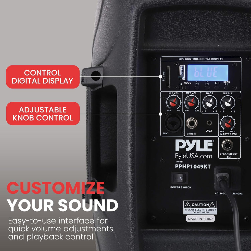 Pyle 10' Wireless Portable PA system - 1000W High Powered Bluetooth Compatible Active + Passive Pair Outdoor Sound Speakers w/ USB SD MP3 AUX - 35mm Mount, 2 Stands, Microphone, Remote - PPHP1049KT