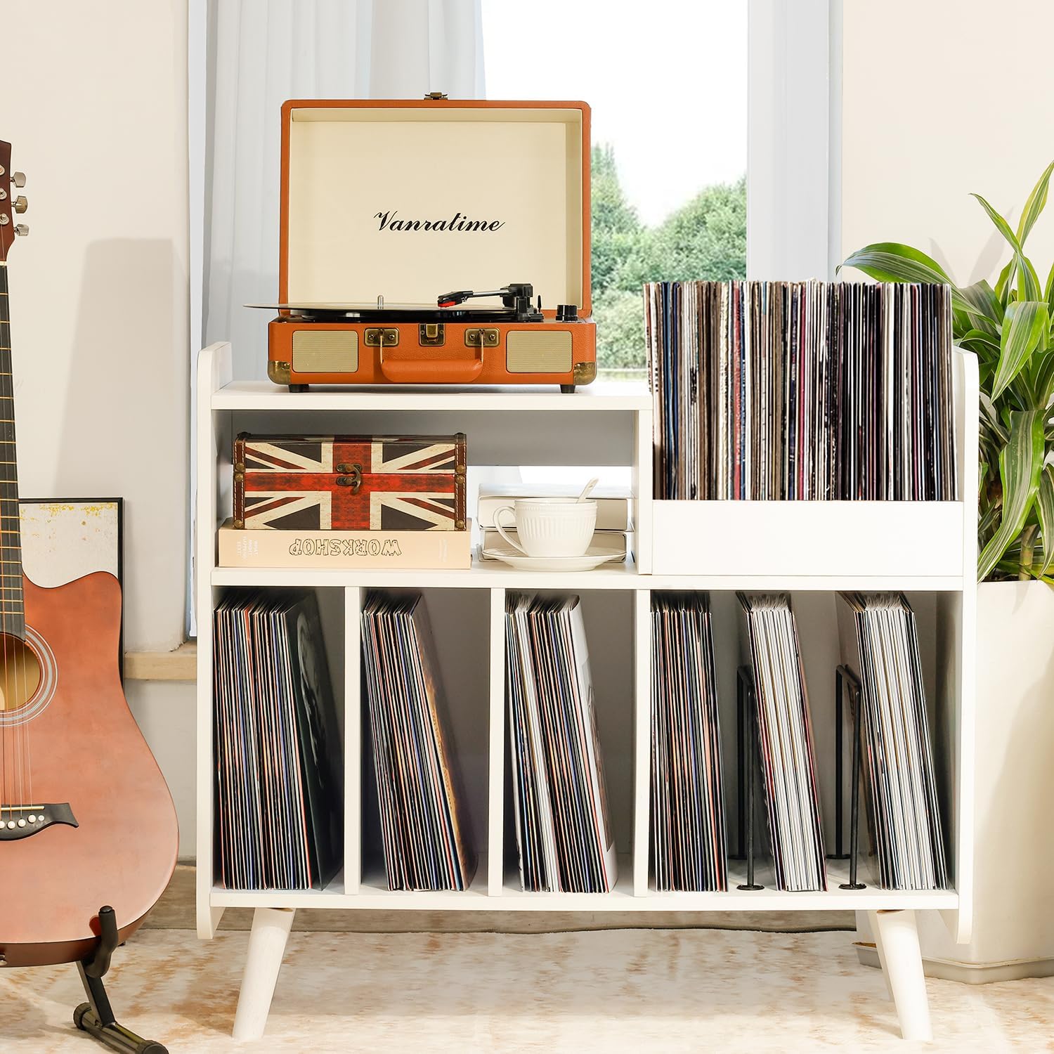 Record Player Stand, Large Record Player Table Cabinet with Open Vinyl Storage and Display Shelf Holds up to 350 Albums, Mid Century Wood Turntable for Living Room, Bedroom (White)