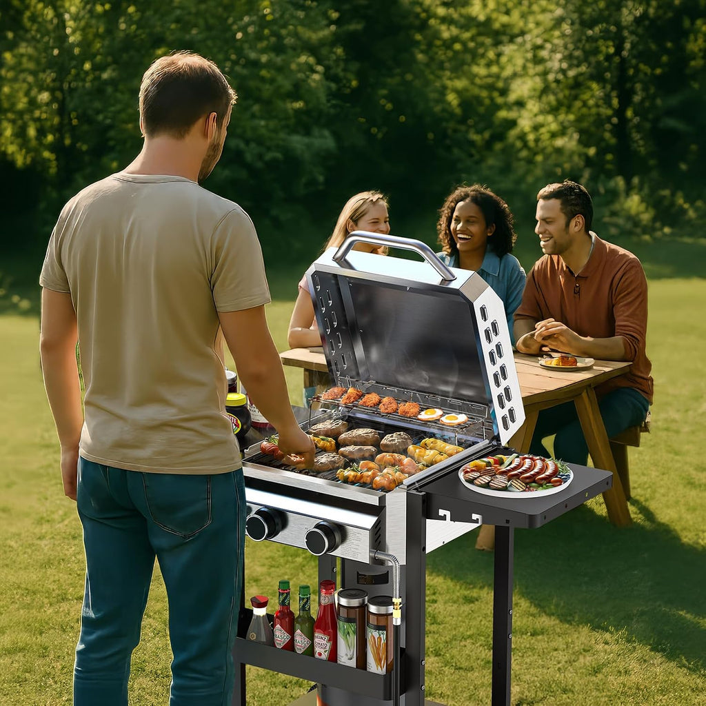COWSAR 2-Burner Propane Gas Grill with Folding Side Tables,Stainless Steel 16,000 BTU BBQ Grill,Outdoor Grill for Barbecue,Patio,Camping