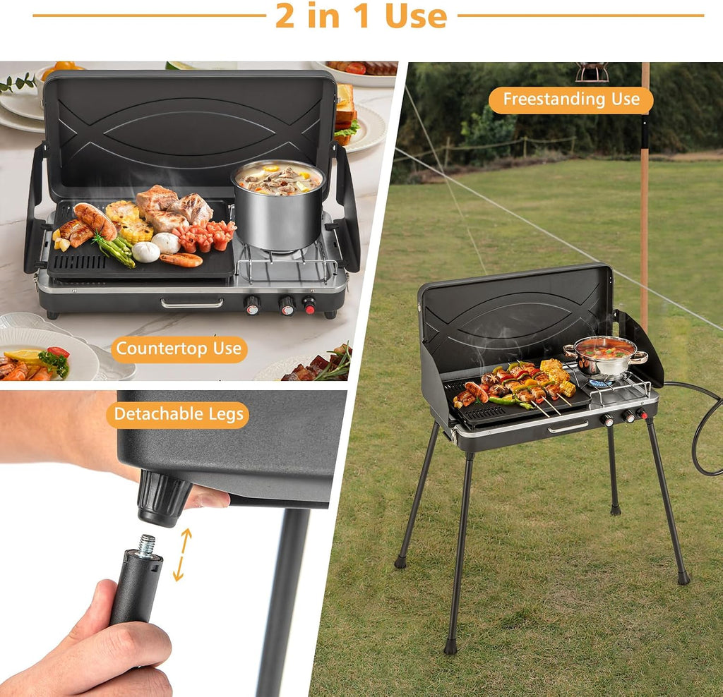 Giantex Portable Propane Grill & Camping Stove, 20,000 BTU Gas Camping Grill Burner, Independent Temperature Control, 3-Sided Wind Guard, Detachable Legs, for BBQ, Tailgating, Outdoor Cooking (Black)
