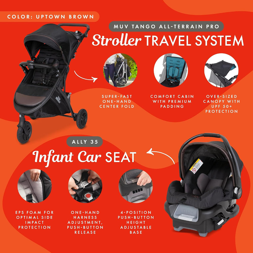 Baby Trend Tango Pro Baby Stroller with Ally 35 Infant Car Seat, Adjustable Canopy, Storage Basket & Cup Holders, Uptown Brown – Lightweight & Foldable Travel System for Toddlers & Infants