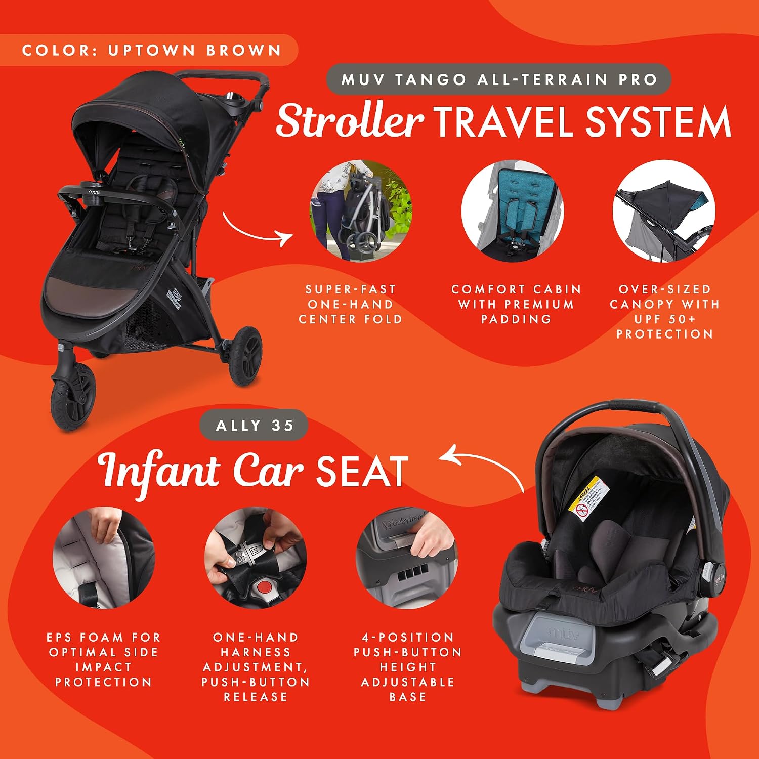 Baby Trend Tango Pro Baby Stroller with Ally 35 Infant Car Seat, Adjustable Canopy, Storage Basket & Cup Holders, Uptown Brown – Lightweight & Foldable Travel System for Toddlers & Infants