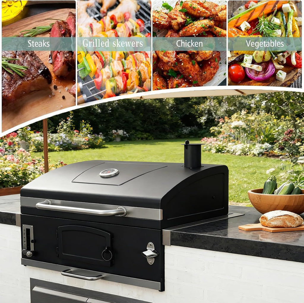 Large Built-in Barbecue Grills, Charcoal BBQ Grills with Liftable Tray, Insulated Hood & Temp Gauge, Black Stainless Steel Charcoal BBQ Barrel Grill for Outdoor Kitchen Camping Park Style