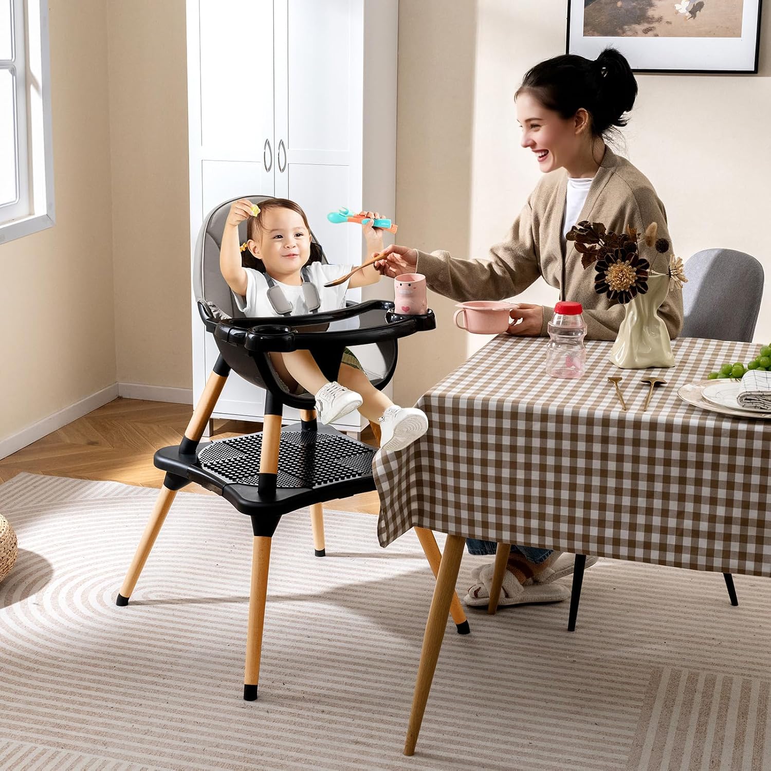GLACER High Chair, 6-in-1 Convertible Wooden High Chairs for Babies and Toddlers w/Building Block Table, 5-Point Safety Harness, Removable Tray, PU Cushioned Baby High Chair for 6-36 Months (Black)