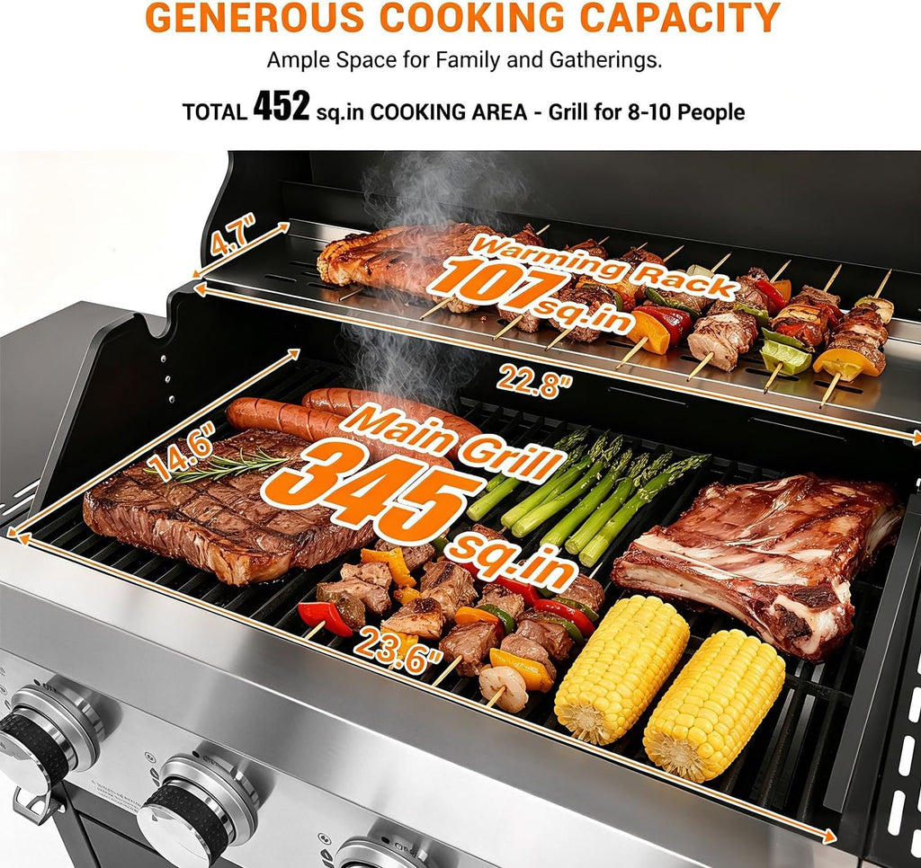 EUHOME Upgraded 51,000 BTU 4-Burner Propane Gas Grill with Side Burner – Large 452 sq.in Porcelain-Enameled Cast Iron Grates, Stainless Steel Body, 4 Swivel Casters for Backyard Patio & Tailgating