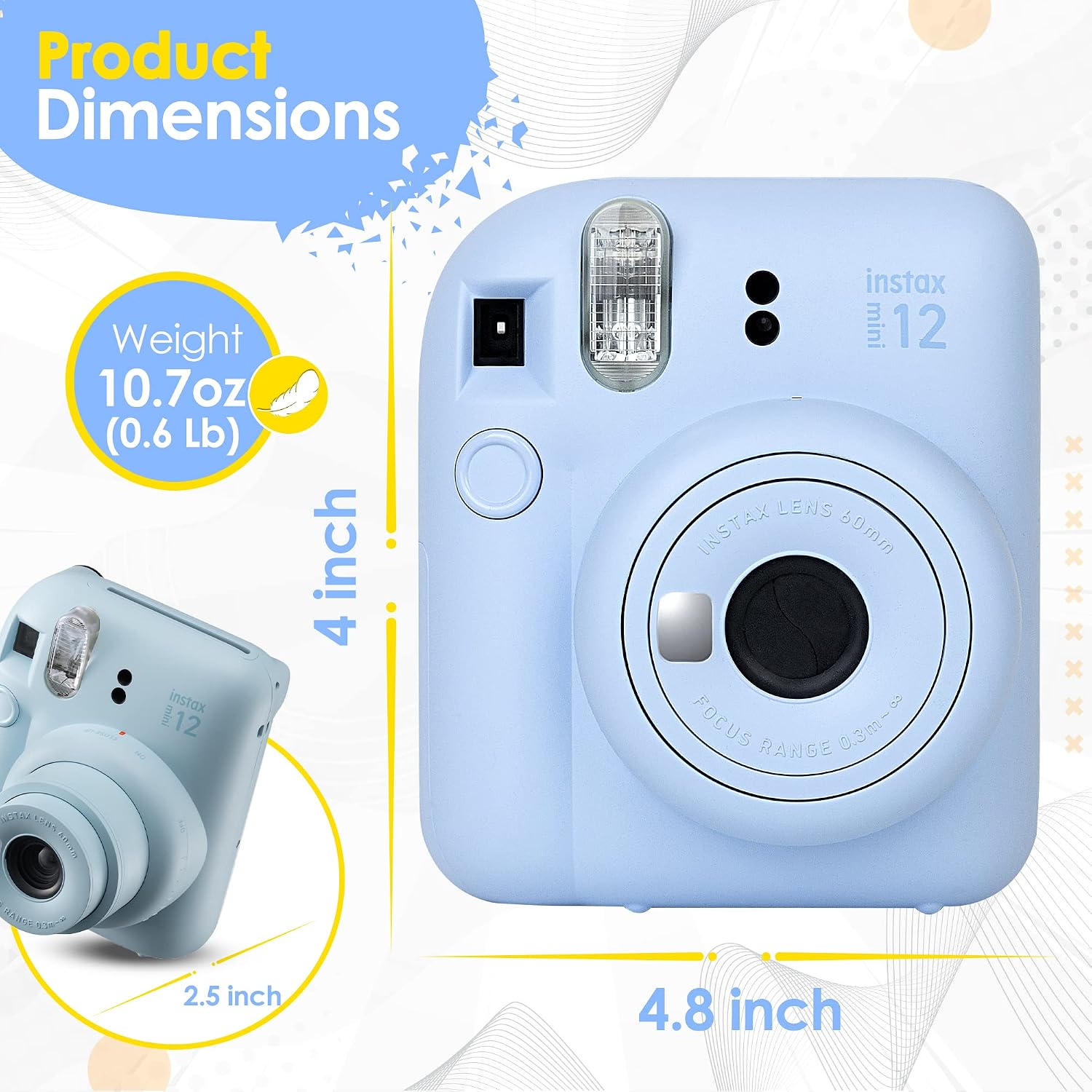 Fujifilm Instax Mini 12 Instant Camera Pastel Blue and Fuji Film Value Pack (60 Sheets) Bundle with Sturdy Tiger Accessories, Carrying Case, Photo Album 64 Pockets