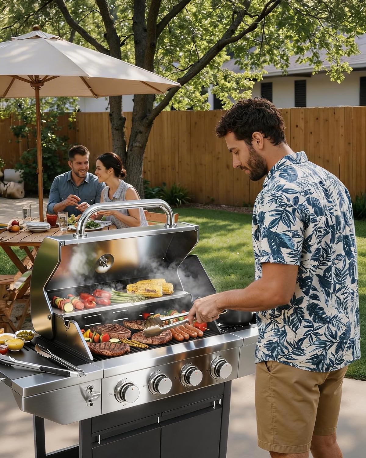 EUHOME 46,500 BTU 4-Burner Propane Gas Grill with Side Burner – Stainless Steel Outdoor BBQ with Enameled Cast Iron Grates & Foldable Side Tables for Patio, Backyard, and Outdoor Cooking