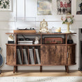 LELELINKY Extra Large Round Record Player Stand with Charging Station & Fluted Panel, Mid Century Modern Turntable Cabinet with Vinyl Storage, Arched Wood Record Player Table for Living Room,Brown