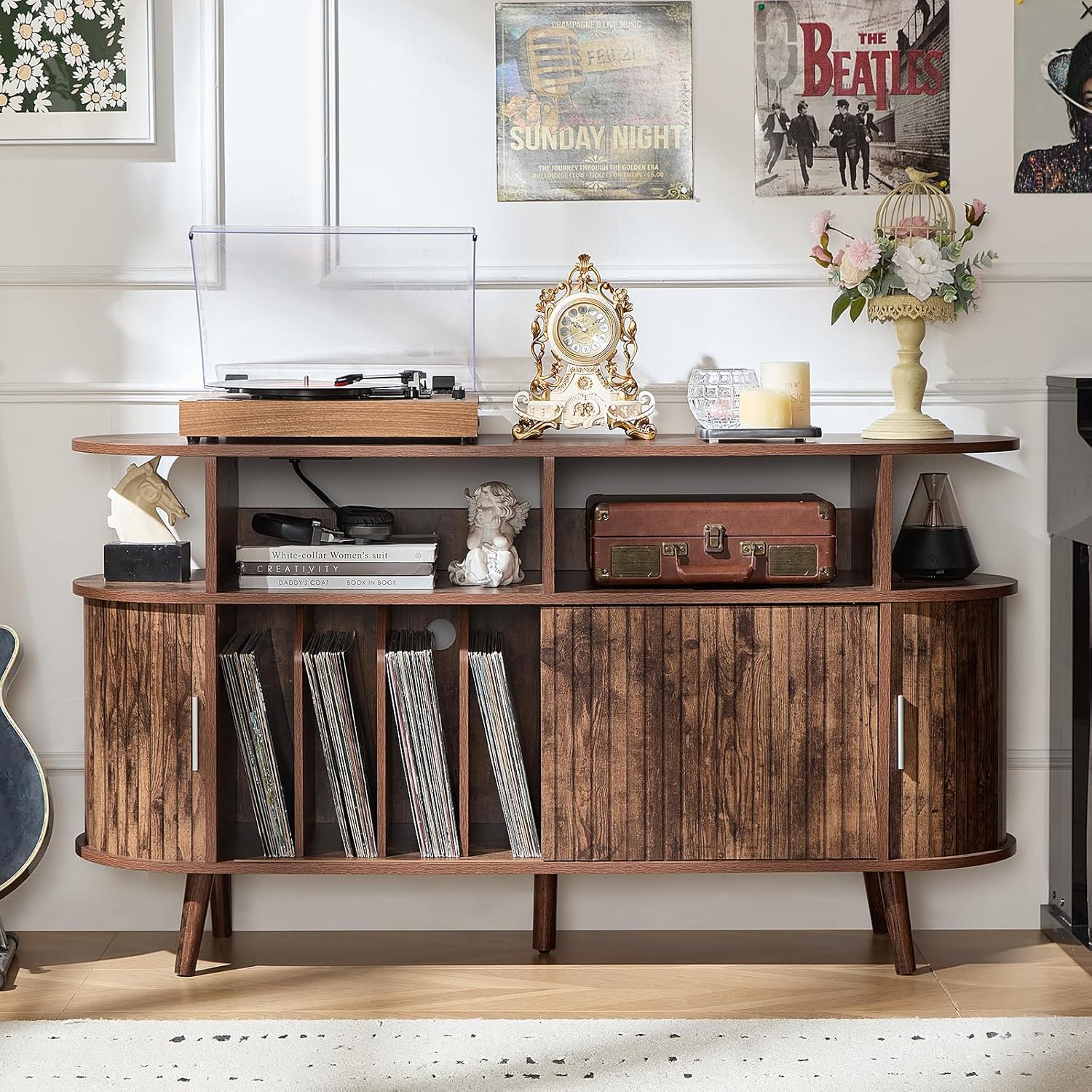 LELELINKY Extra Large Round Record Player Stand with Charging Station & Fluted Panel, Mid Century Modern Turntable Cabinet with Vinyl Storage, Arched Wood Record Player Table for Living Room,Brown