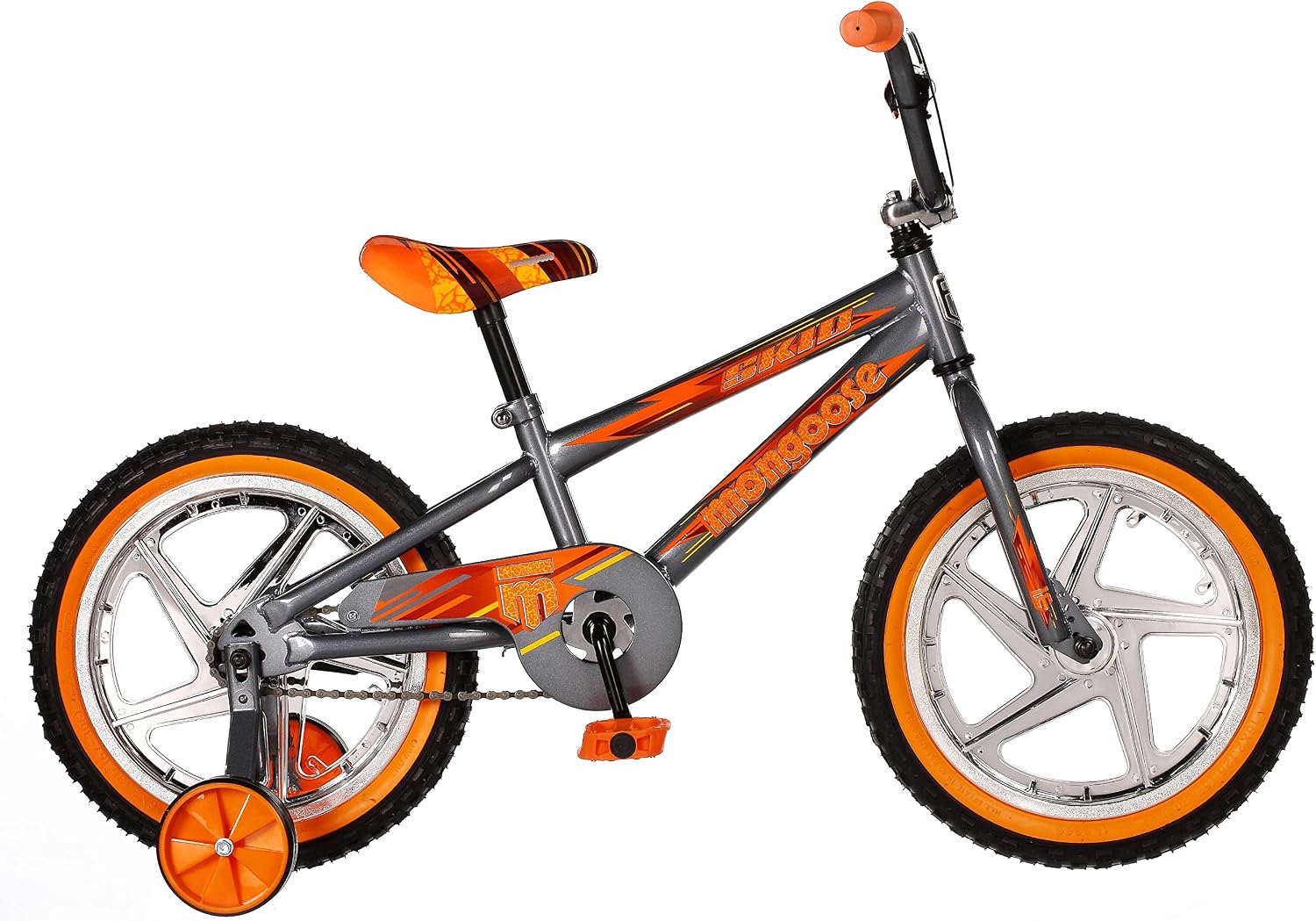 Mongoose Skid Bike, 16 Inch Bike for Kids Ages 3-7, BMX Style, Adjustable Seat Grows with Your Child, Mag Wheels, Training Wheels, Rear Coaster Brake, Training Bicycle for Kids