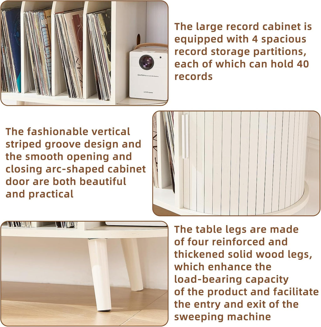 LELELINKY Large Round Record Player Stand with Charging Station & Fluted Display Shelf, White Mid Century Modern Turntable Cabinet with Vinyl Storage, Arched Wood Record Player Table for Living Room