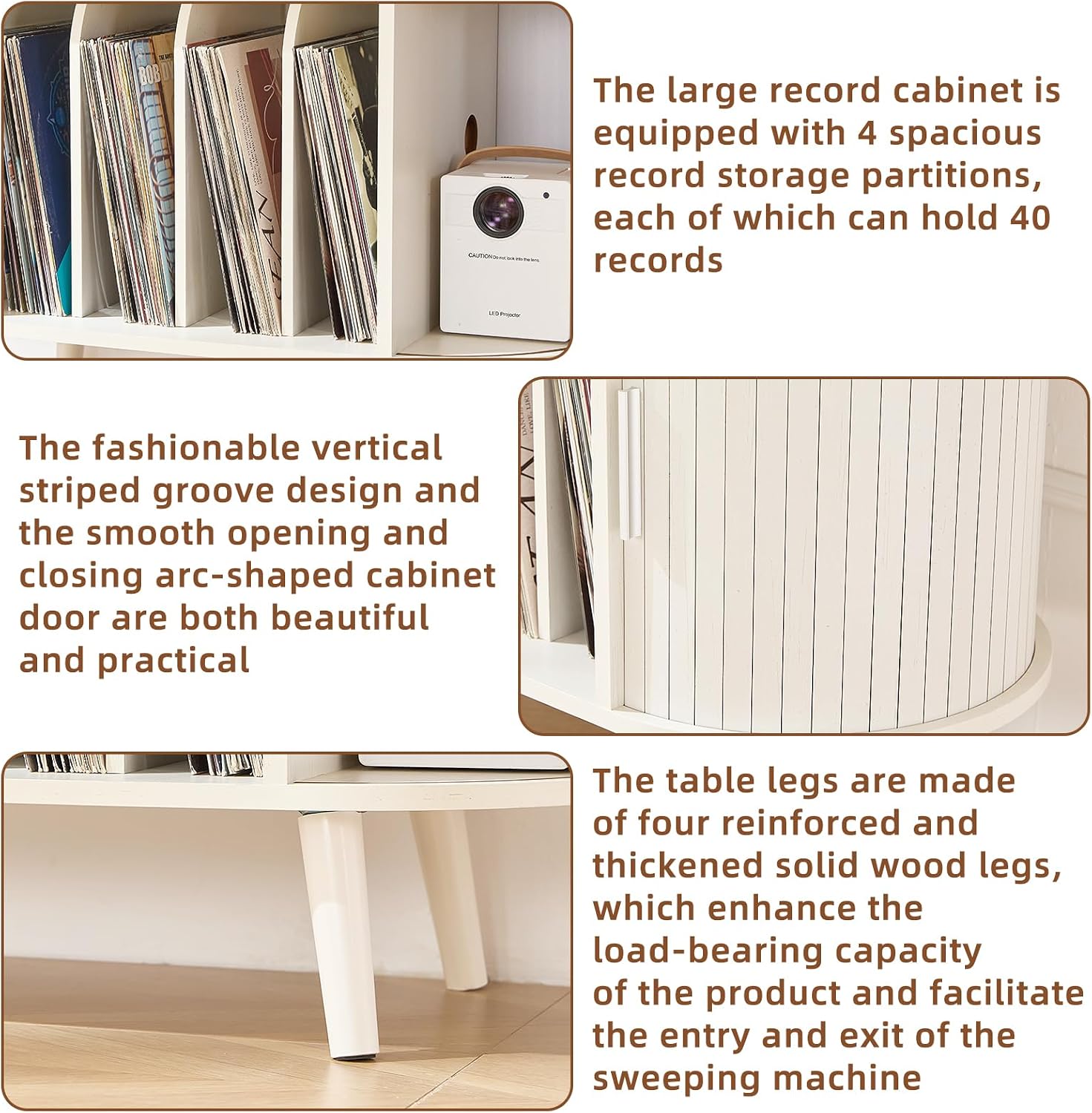 LELELINKY Large Round Record Player Stand with Charging Station & Fluted Display Shelf, White Mid Century Modern Turntable Cabinet with Vinyl Storage, Arched Wood Record Player Table for Living Room