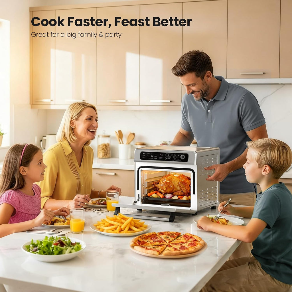 Kismile 25QT Air Fryer Toaster Oven Combo, 12-in-1 Large Countertop Convection Airfryer Oven, 70–450℉, Bake, Roast, Reheat, Broil, Fits 12″ Pizza, Includes Full Accessories, Stainless Steel(Silver)