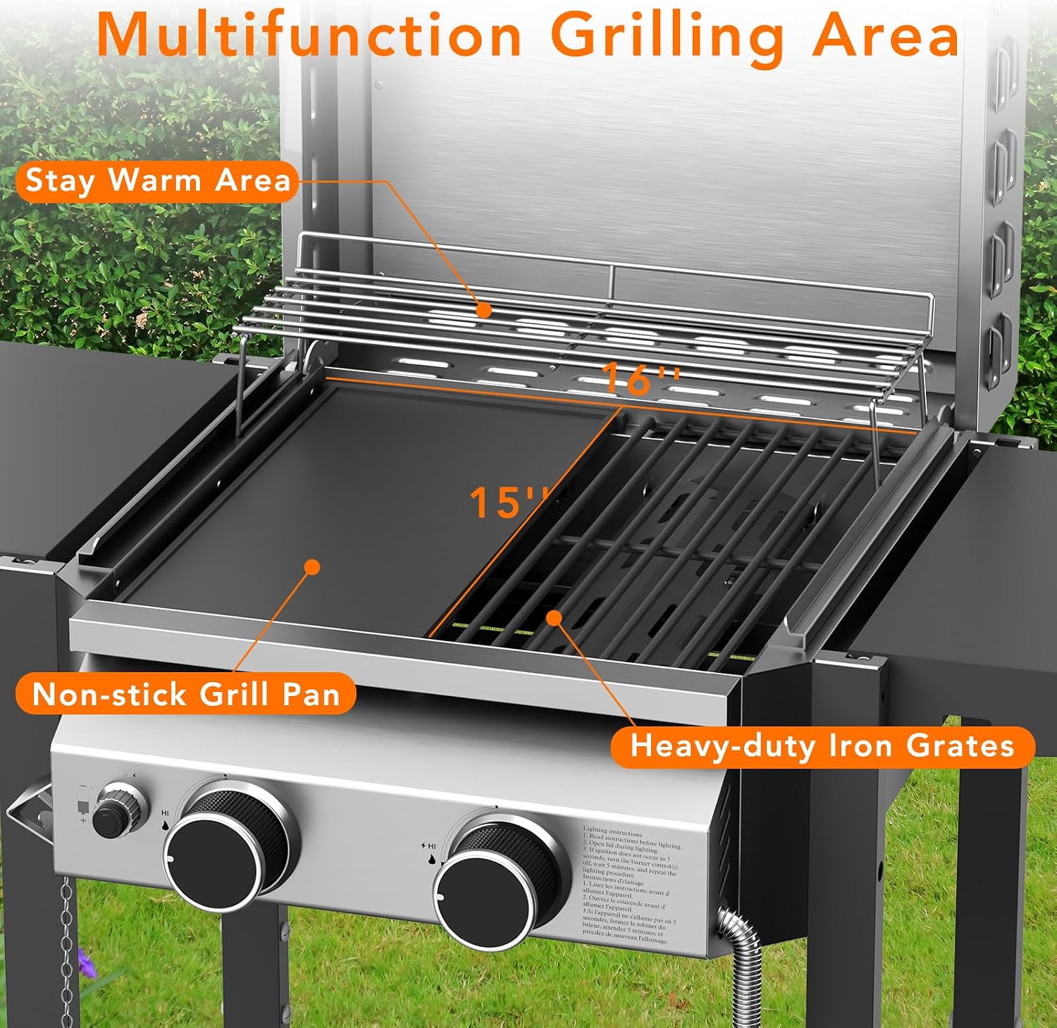 Electactic Propane Gas BBQ Grill 2-Burner Barbecue Grills with Cast Iron Frying Pan and Grates Combo, 16000 BTU Output Stainless Steel Grill for Outdoor Cooking, Patio, Backyard Party