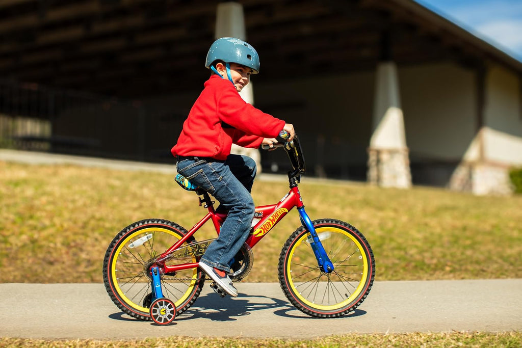 Dynacraft Hot Wheels Boys BMX Bikes Sizes 12' - 18' for Ages 3-9 Years in red, Black, with Handlebar rev Grip Play Feature