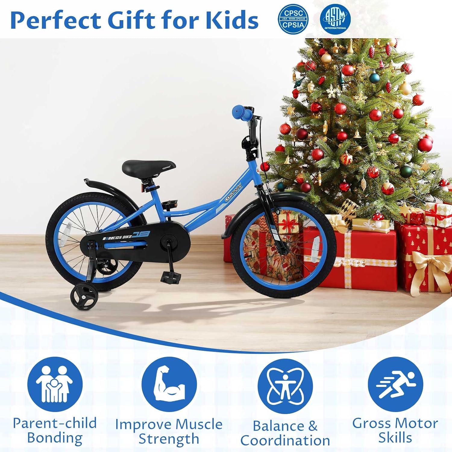 COSTWAY Kids Bike, 18 Inch Toddler Bicycle with Removable Training Wheels, Dual Brakes, Adjustable Seat & Handlebar Height, Girls & Boys Bikes for 3-8 Years Old (Blue,18 Inch with Kickstand)