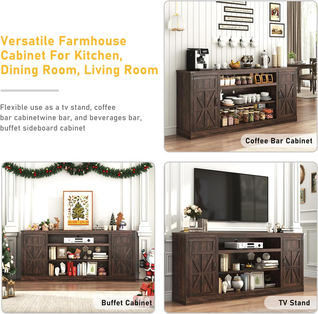 Hlivelood 75' Farmhouse TV Stand with Power Outlets for 85 Inch TVs, 33' Tall Entertainment Center with Storage Cabinets w/Adjustable Shelves, Rustic Large TV Media Console, Brown