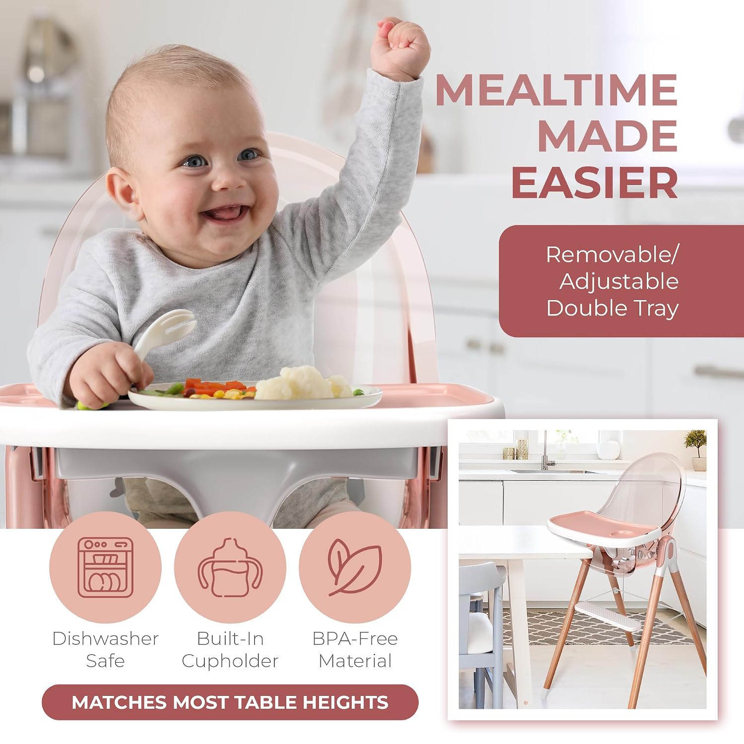 6 in 1 Deluxe Wooden High Chair for Babies & Toddlers, Modern Safe & Compact Baby Highchair, Easy to Clean & Assemble, Removable Tray, 6 Options 3 Seat Positions 2 Heights (Pink)