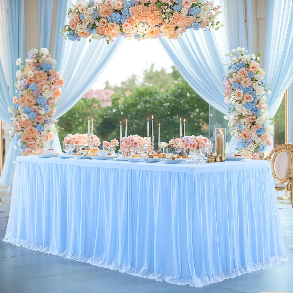 6 Pack Baby Blue Table Cloth for 6 Foot Rectangle Tables, Stretch Fitted Tulle Table Covers Skirt, Rectangular Ruffle Tutu Tablecloth Wedding Baby Shower Baby Shower Cake Tablecloths