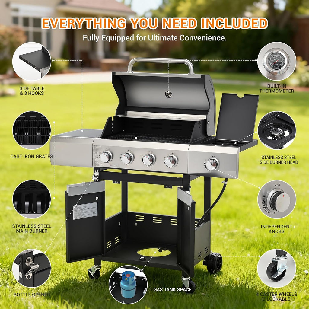 EUHOME 4-Burner Gas Grill with Side Burner & Cover, 51000 BTU Stainless Steel Outdoor BBQ Grill, 452 sq.in Cooking Area, Ideal for Backyard, Patio Large Gatherings
