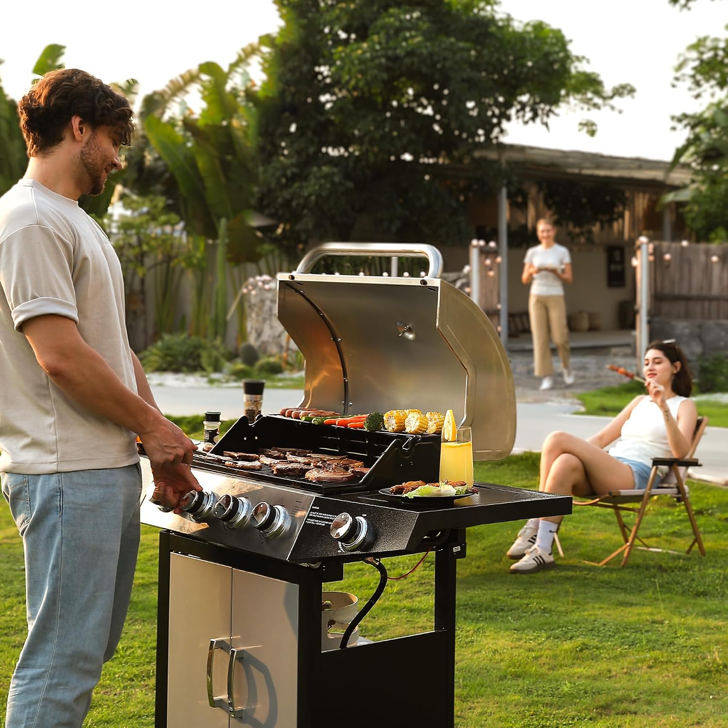 MASTER COOK 4+1 Burners Gas Grill, 518 Sqin Cooking Area, 52,000 BTU Propane Grill with Side Burner, Stainless Steel Cabinet Grill, Silver & Black