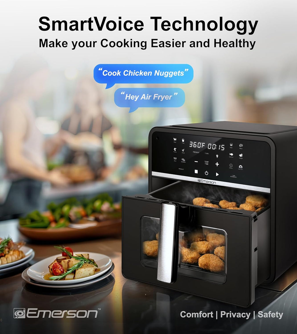 Emerson SmartVoice 10QT 6-in-1 Air Fryer, 1000+ Voice Control Commands, 100+ Recognized Food, No APP, No WIFI, No Setup, Nonstick Basket, Air Fry, Bake, Reheat, Dehydrate, 1700W