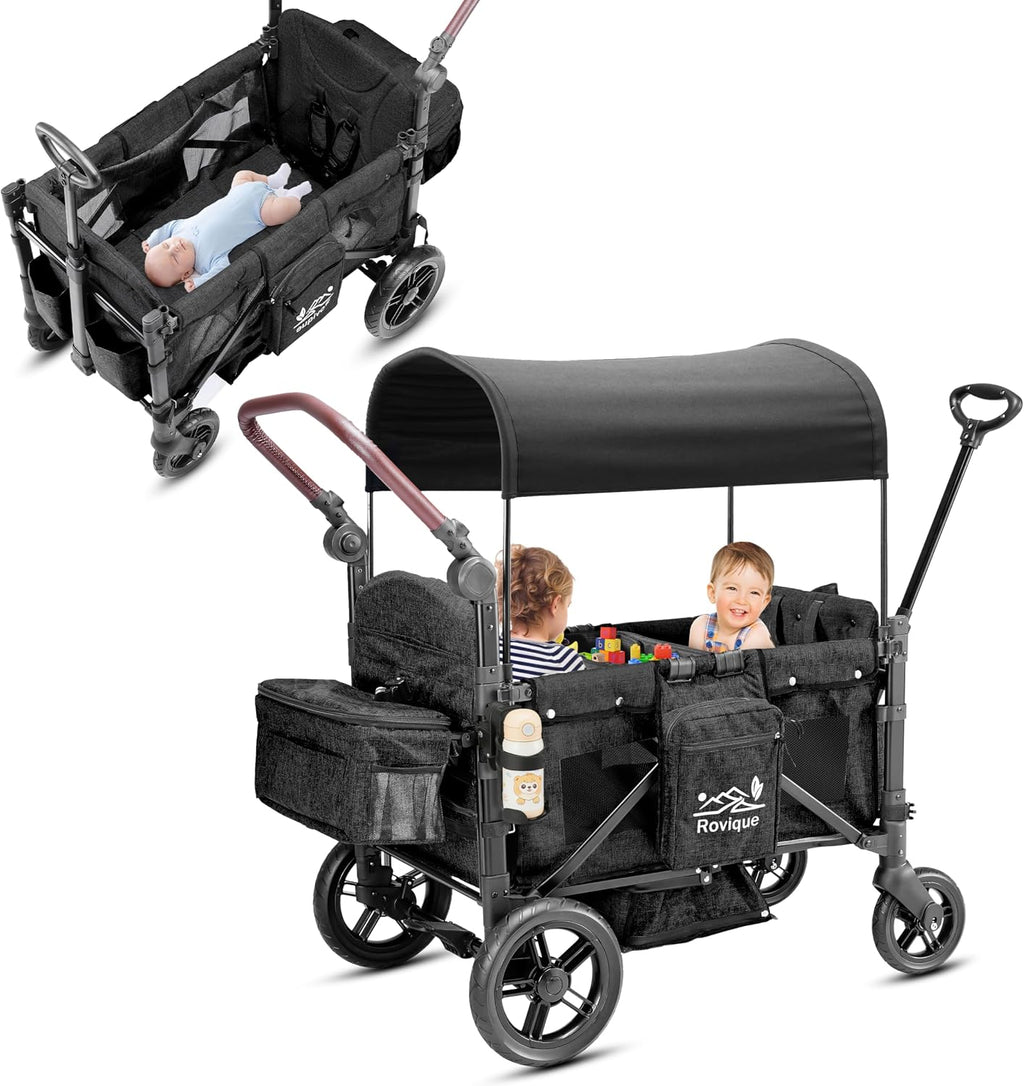 Rovique Stroller Wagon for 2 Kids,Premium Wagon for Kids with Removable Canopy,Snack Tray,All-Terrain PU Wheels & Adjustable Push/Pull Handle (Black)