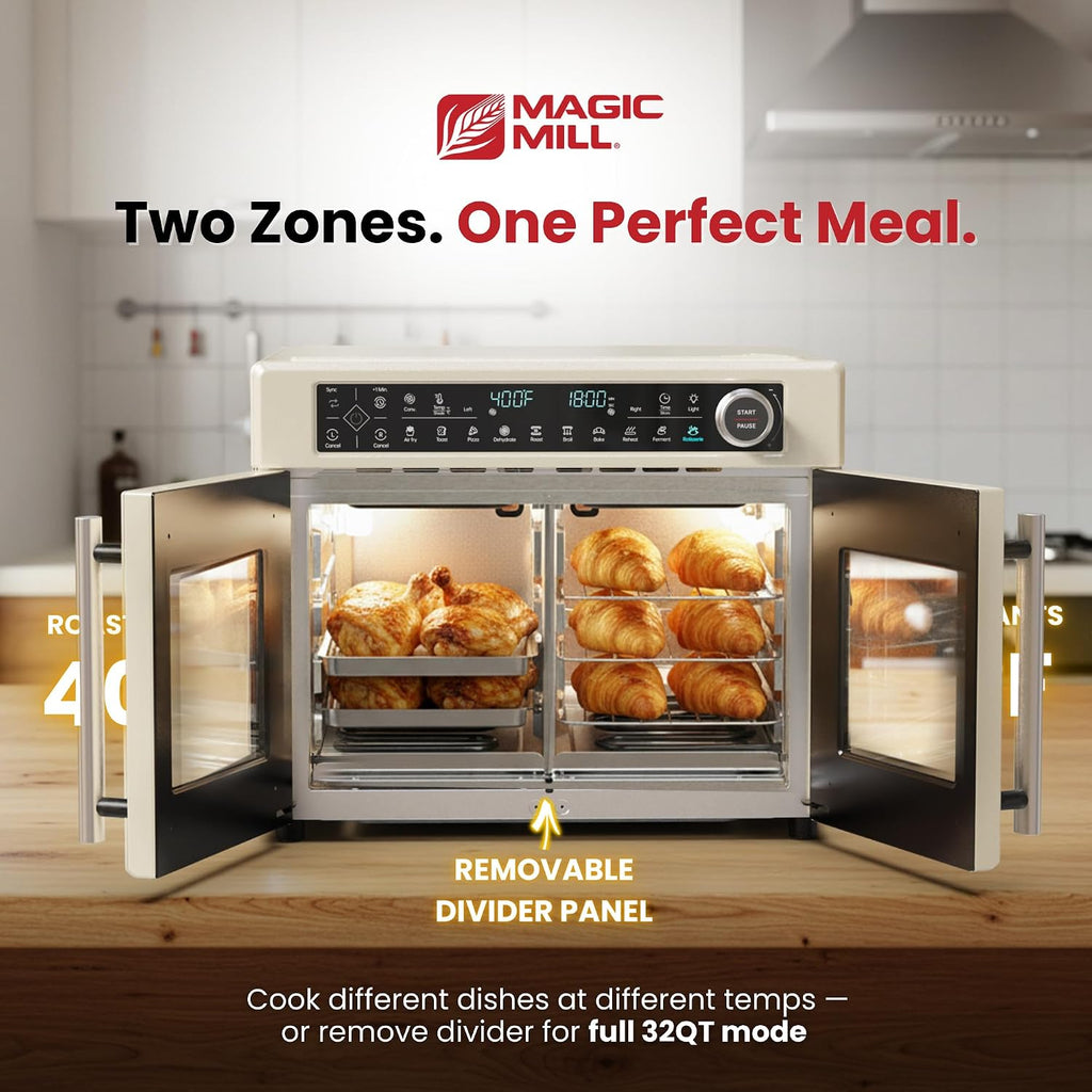 Magic Mill Ultra-Premium Dual-Zone Stainless Steel Air Fryer Toaster Oven Combo, Extra Large 32QT French Door Convection Oven with Next-Gen Patent Technology, 13 Accessories, Rotisserie, Sync Finish