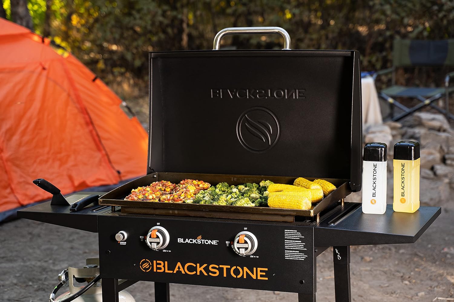 BLACKSTONE 1883 Original 28' Griddle with Integrated Protective Hood and Counter Height Side Shelves, Powder Coated Steel, Black