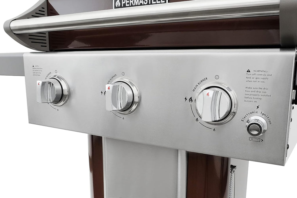 Permasteel 3-Burner Propane Gas Grill, 30,000 BTUs BBQ Grill with Cast Iron Grates, Foldable Side Tables & Tool Hooks, Outdoor Grill, Mocha